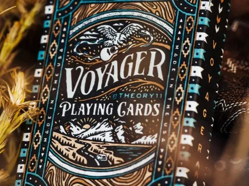 Voyager playing cards are inspired by the amazing adventure of an open road. Designed by Joshua Noom, the intricate back design brings out a sense of adventure and freedom. The tuck box is handcrafted using