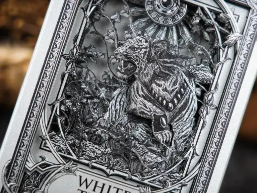 The White Tiger Black Gold Box Set by Ark Playing Cards features holo foiled playing cards that are limited to 500 boxsets.Each exclusive boxsets comes with unique serial numbers and includes a Gold and Silver