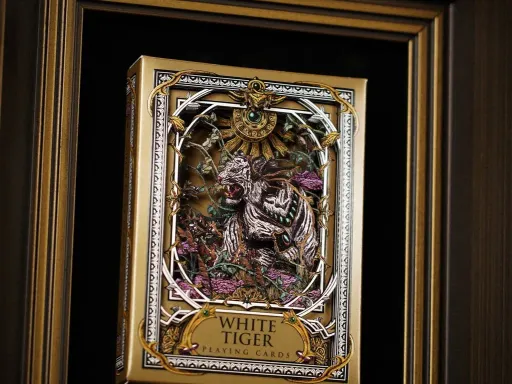 The White Tiger Luxury Frame Edition by Ark Playing Cards features high quality holo foiled cards.Each Titanium Gold coloured White Tiger Deck of cards is 3D cut and housed in a luxurious display frame!Limited to